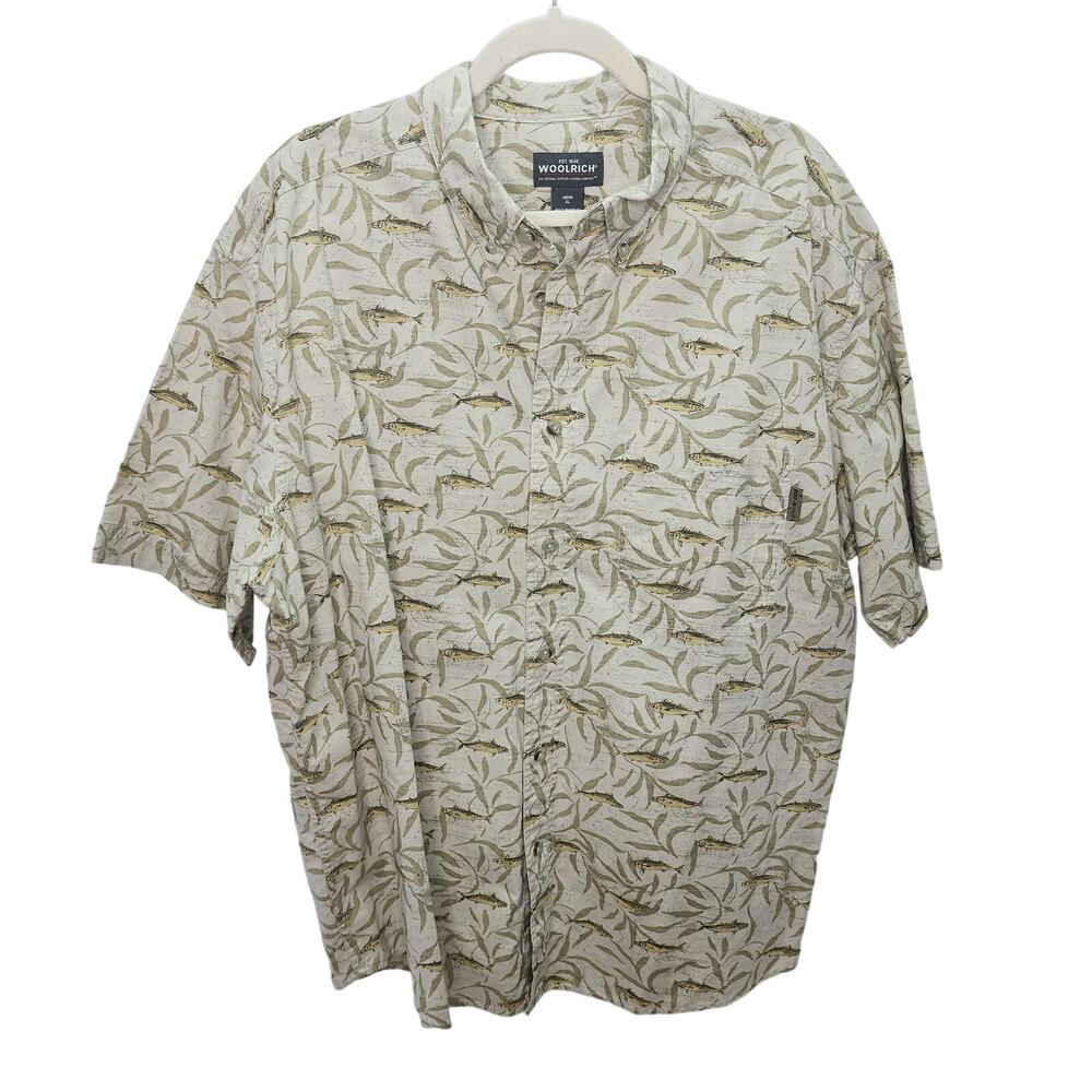 Woolrich Mens XL Fish Print Shirt Button Down Short Sleeve Cabin Core Fishing